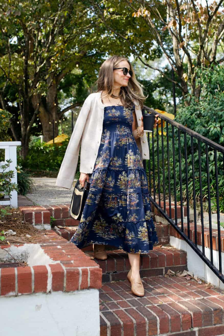 Beige Cardigan Draped Over Navy Blue Tiered Midi Dress Beige Cardigan Draped Over Navy Blue Tiered Midi Dress — Classy Dress with Cardigan