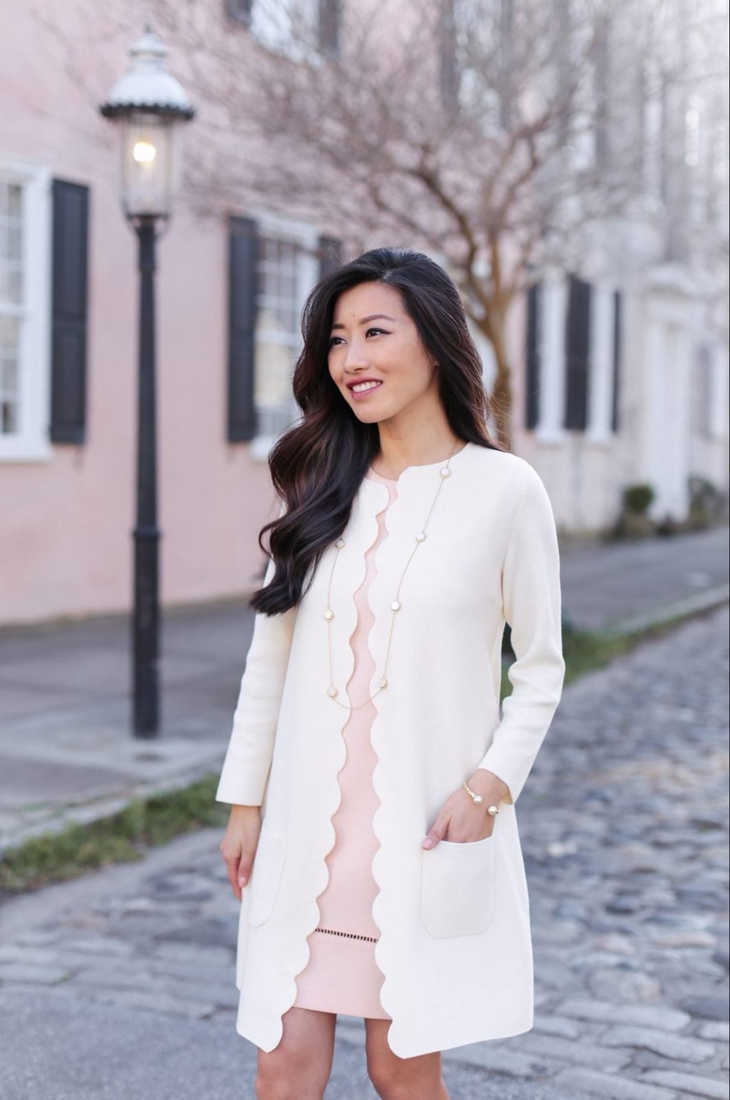 Ivory Scallop Trim Cardigan Over Pink Dress Ivory Scallop Trim Cardigan Over Pink Dress — Classy Dress with Cardigan