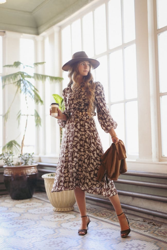 Brown Cardigan Draped Over Brown and White Printed Midi Dress Brown Cardigan Draped Over Brown and White Printed Midi Dress — Classy Dress with Cardigan