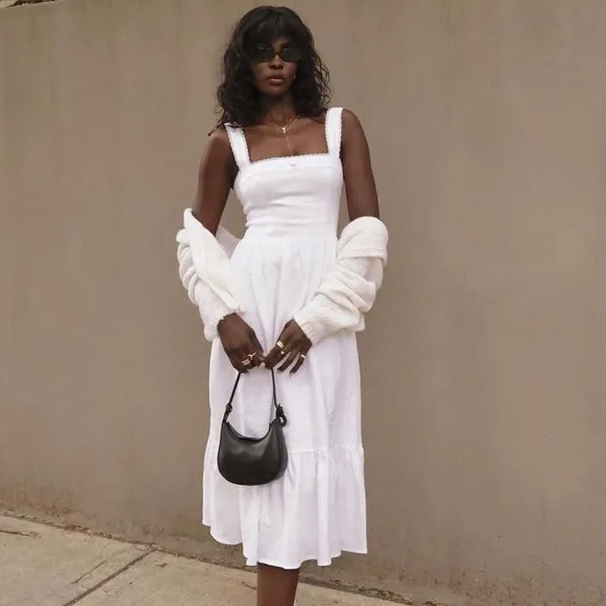 Cream Chunky Knit Cardigan Over White Square Neck Midi Dress Cream Chunky Knit Cardigan Over White Square Neck Midi Dress — Classy Dress with Cardigan