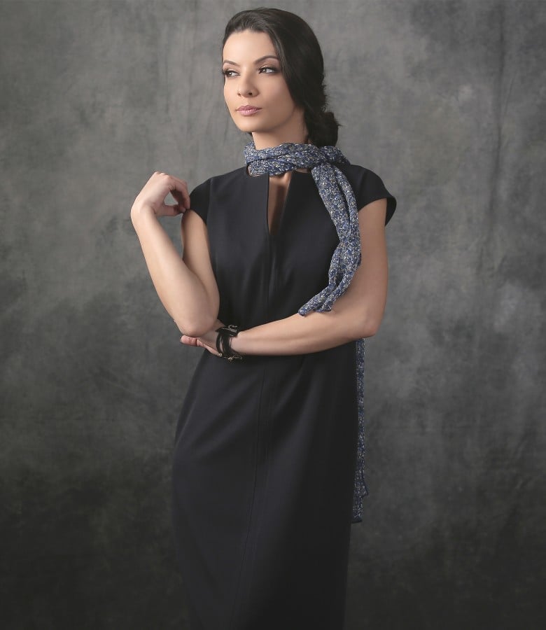 Fitted Navy V-Neck Dress with Floral Chiffon Scarf Fitted Navy V-Neck Dress with Floral Chiffon Scarf — Classy Dress with Scarf