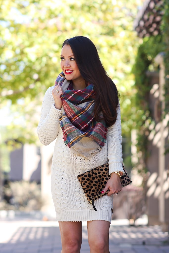Cream Cable Knit Sweater Dress with Plaid Blanket Scarf Cream Cable Knit Sweater Dress with Plaid Blanket Scarf — Classy Dress with Scarf
