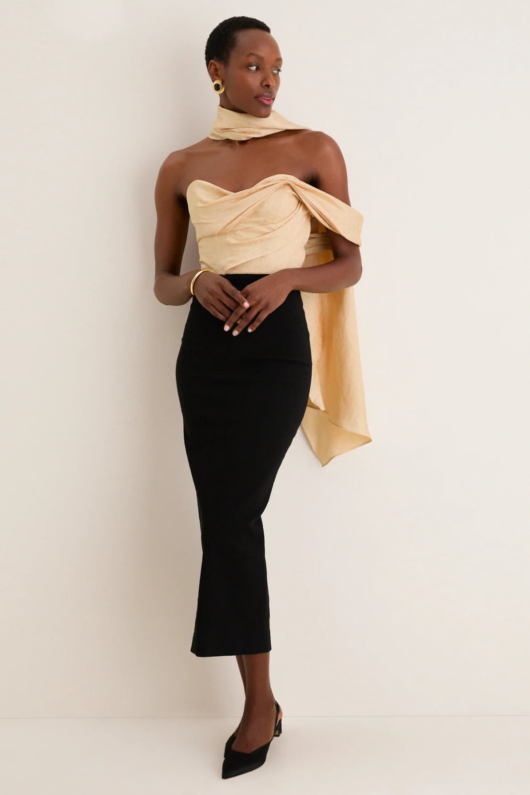 Beige Off-the-Shoulder Top with Integrated Scarf and Pencil Skirt Beige Off-the-Shoulder Top with Integrated Scarf and Pencil Skirt — Classy Dress with Scarf