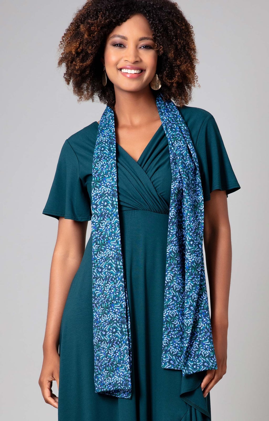 Teal Wrap Dress with Blue and Green Floral Scarf Teal Wrap Dress with Blue and Green Floral Scarf — Classy Dress with Scarf