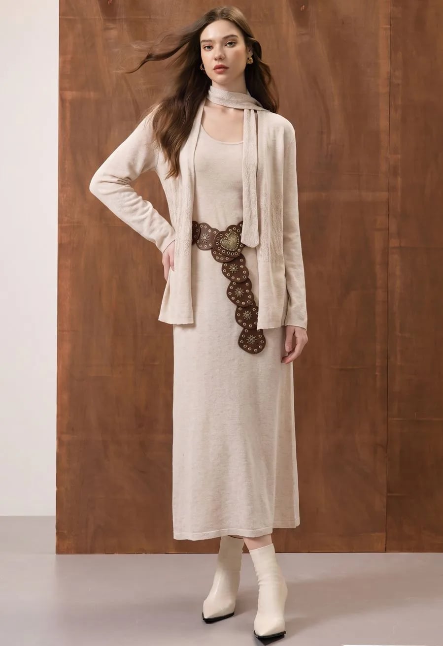 Beige Knit Dress with Scarf and Brown Belt Beige Knit Dress with Scarf and Brown Belt — Classy Dress with Scarf