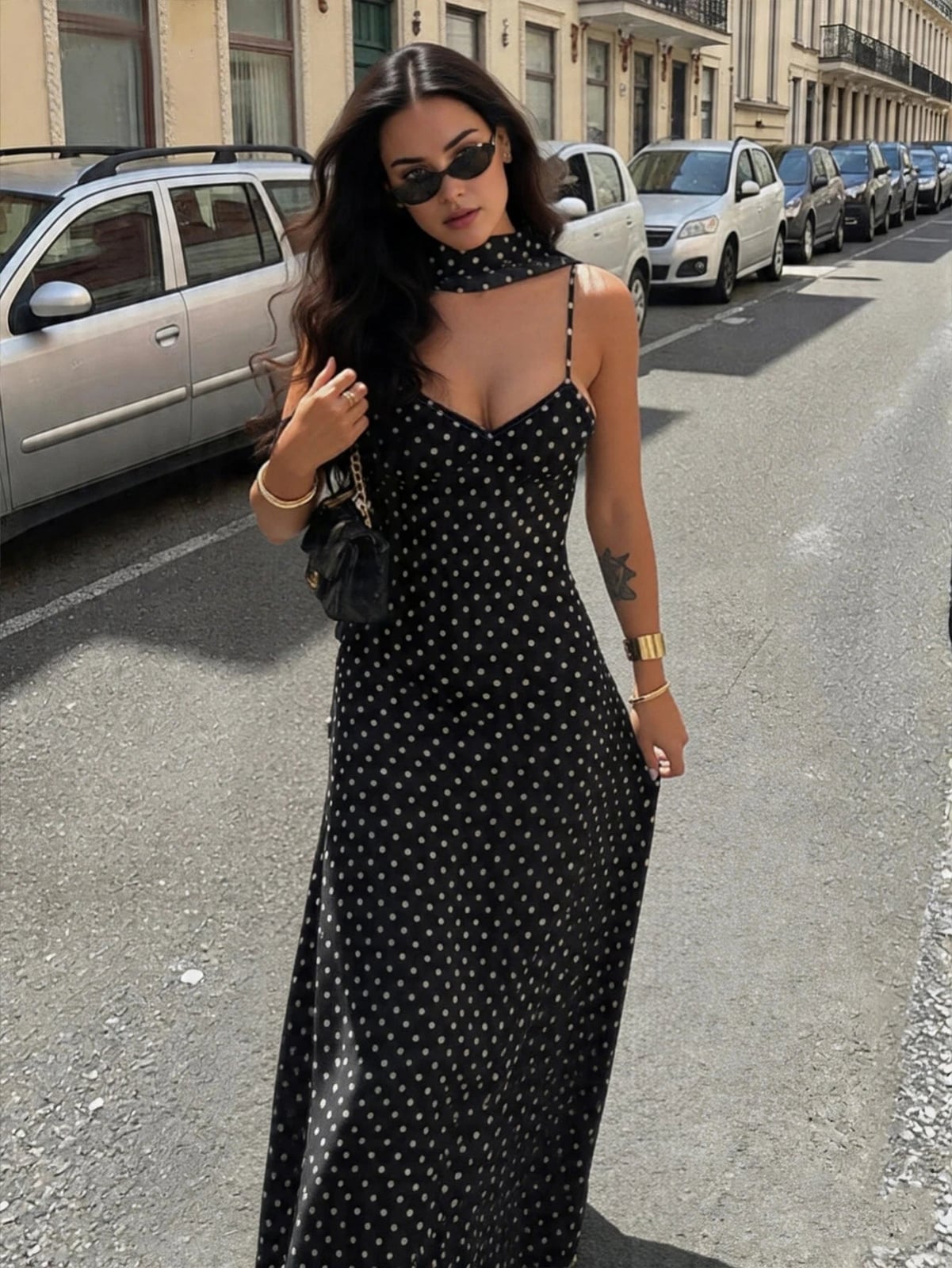 Black Polka Dot Maxi Dress with Choker Scarf Black Polka Dot Maxi Dress with Choker Scarf — Classy Dress with Scarf