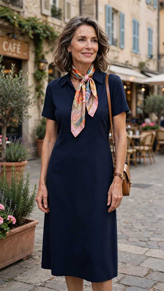 Navy Collared Dress with Colorful Silk Scarf Navy Collared Dress with Colorful Silk Scarf — Classy Dress with Scarf