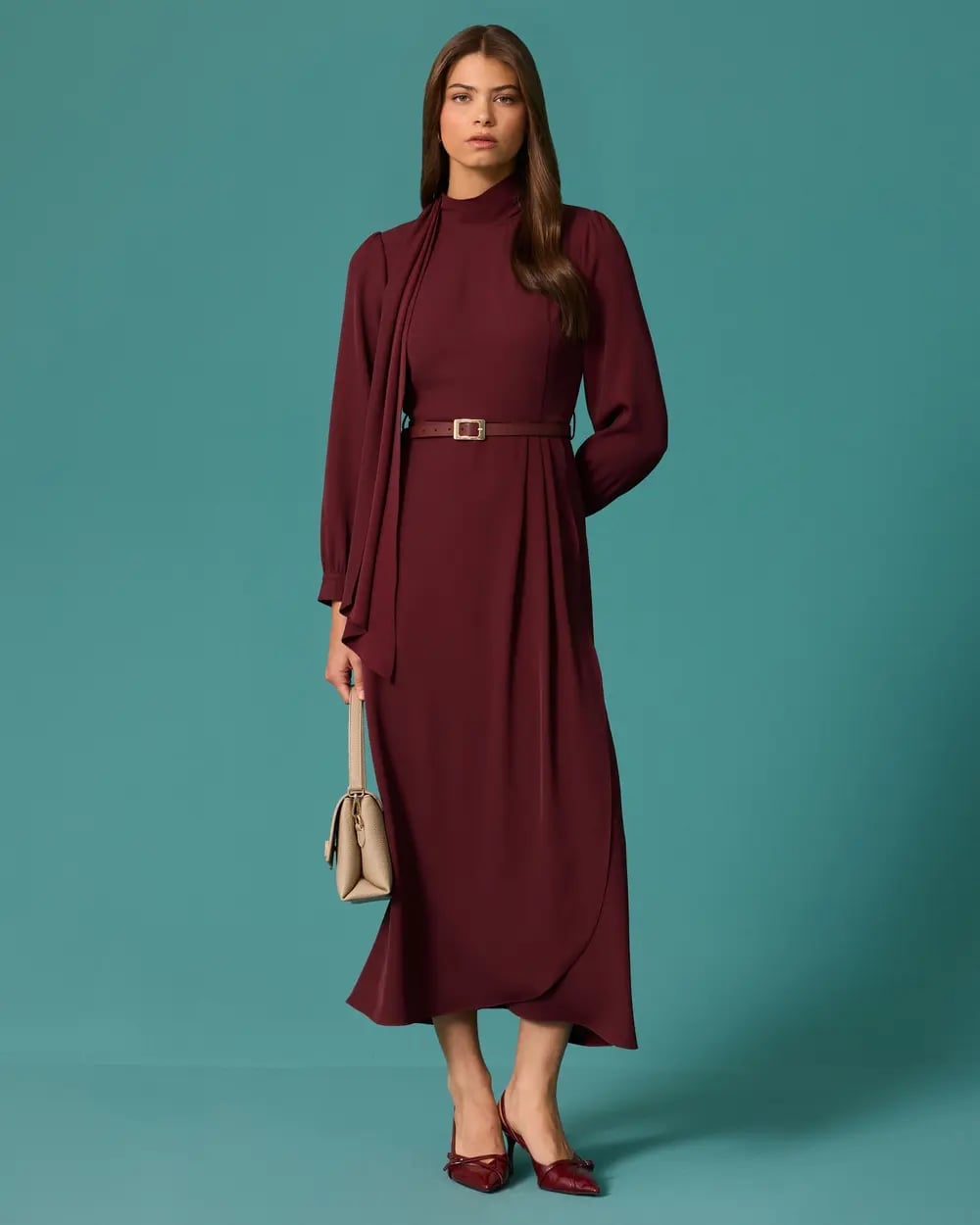 Maroon Long Sleeve Dress with Stand-Up Collar Scarf Maroon Long Sleeve Dress with Stand-Up Collar Scarf — Classy Dress with Scarf