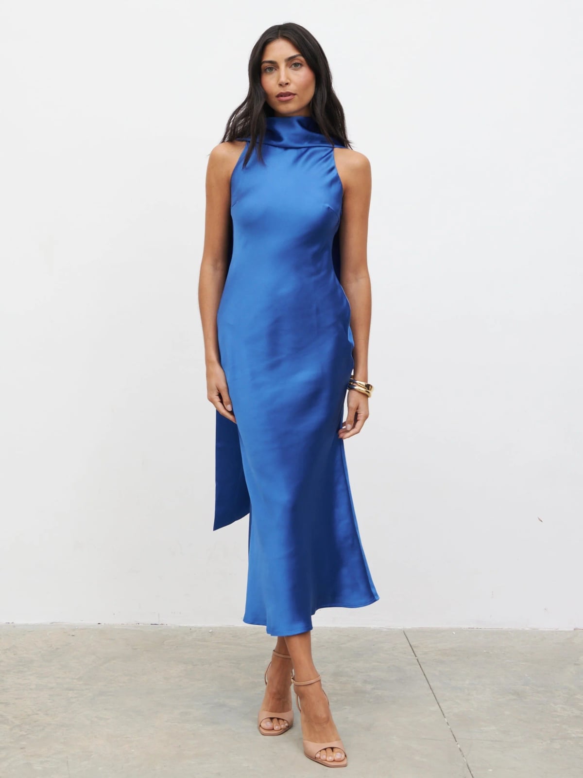 Cobalt Blue Satin Sheath Dress with High Neckline Cobalt Blue Satin Sheath Dress with High Neckline — Classy Dress with Scarf