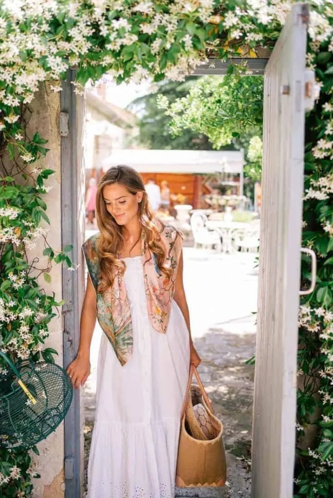 White Tiered Maxi Dress with Pastel Silk Scarf White Tiered Maxi Dress with Pastel Silk Scarf — Classy Dress with Scarf