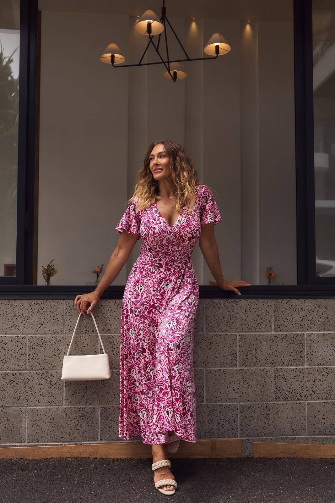 Pink and White Leaf Print Wrap Midi Dress Pink and White Leaf Print Wrap Midi Dress — Classy Dresses for Moms
