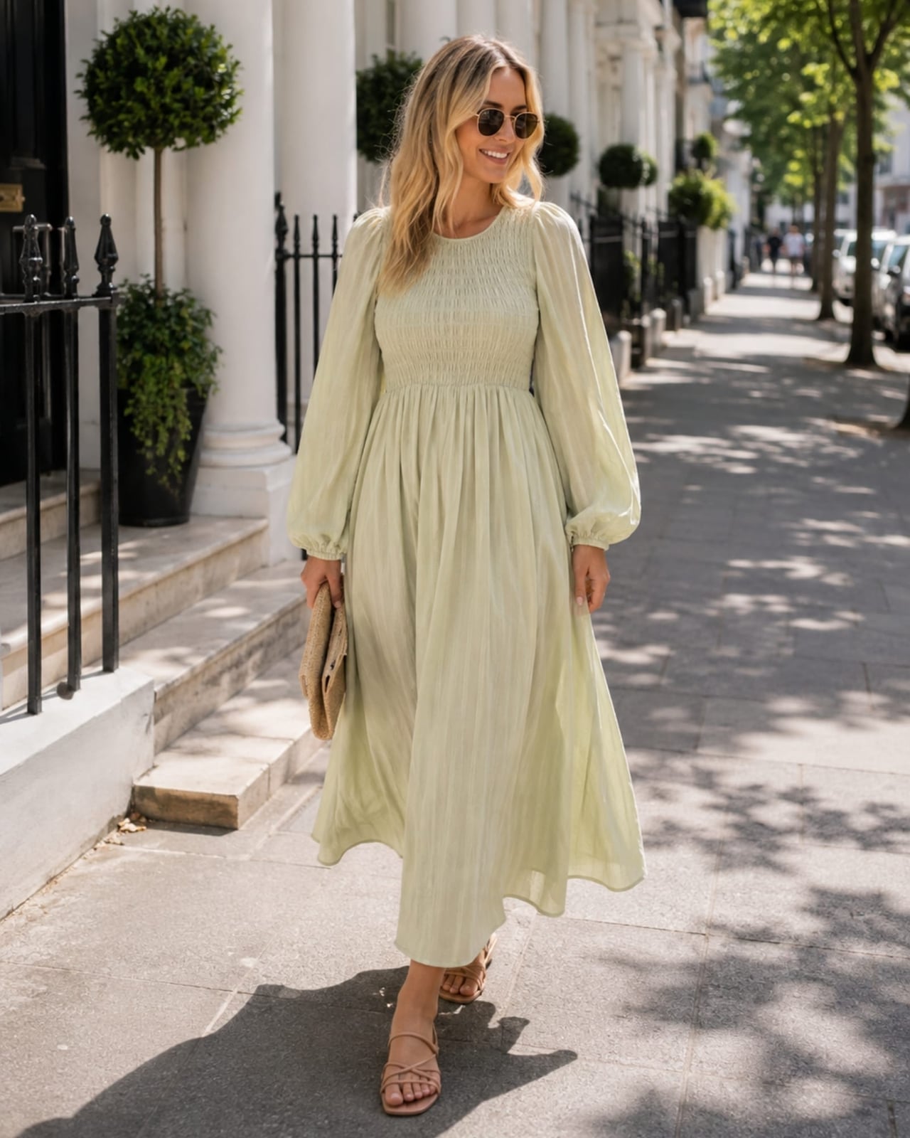 Pale Green Textured Linen Blend Midi Dress Pale Green Textured Linen Blend Midi Dress — Classy Dresses for Moms