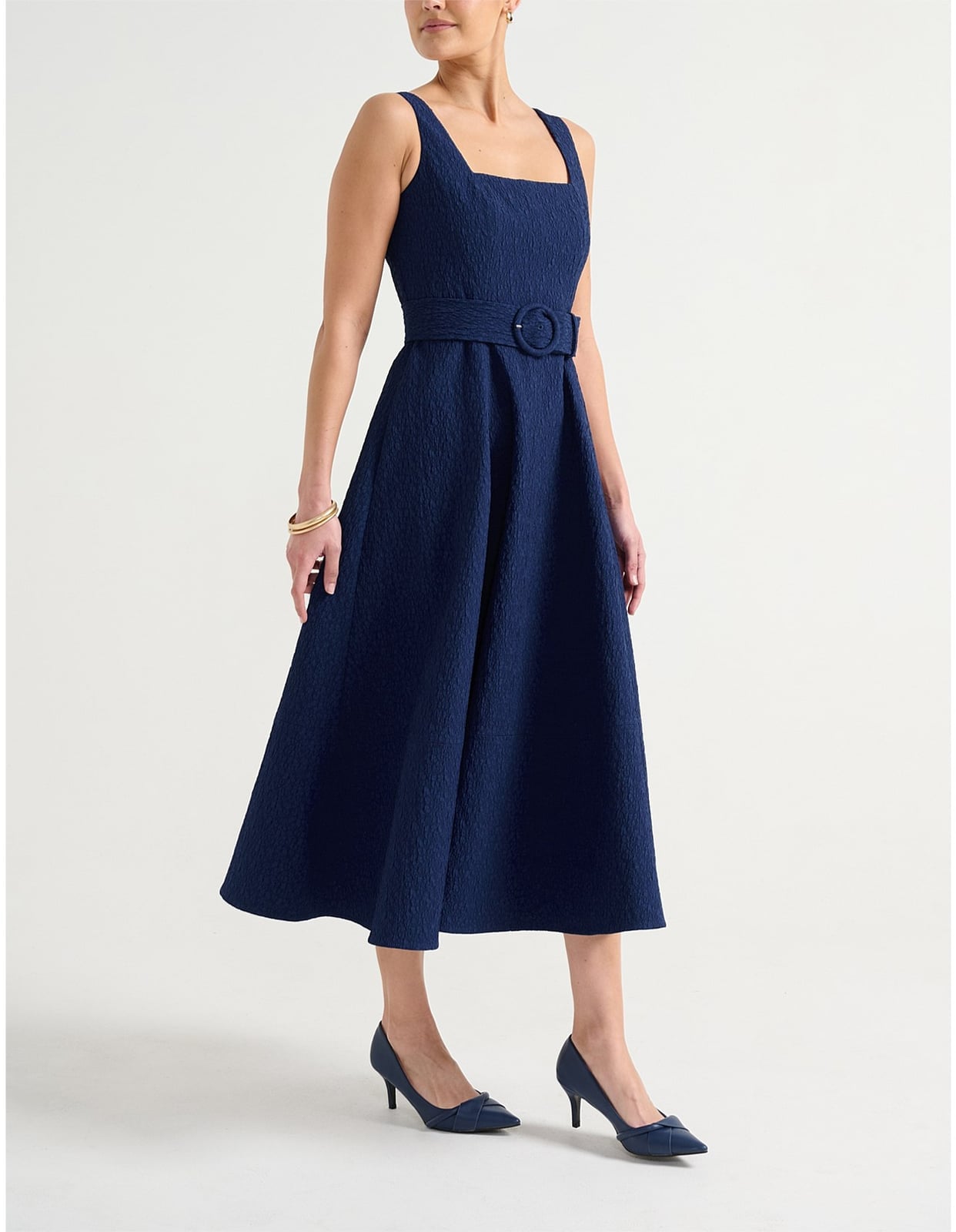 Navy Blue Textured Sleeveless Dress with Belt Navy Blue Textured Sleeveless Dress with Belt — Classy Dresses for Moms