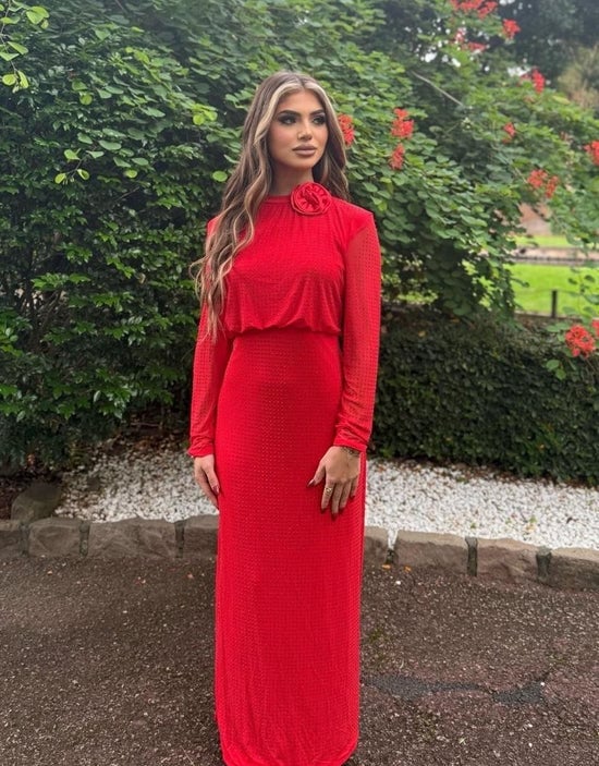 Red Long Maxi Dress with Sheer Dotted Overlay Red Long Maxi Dress with Sheer Dotted Overlay — Classy Dresses for Moms