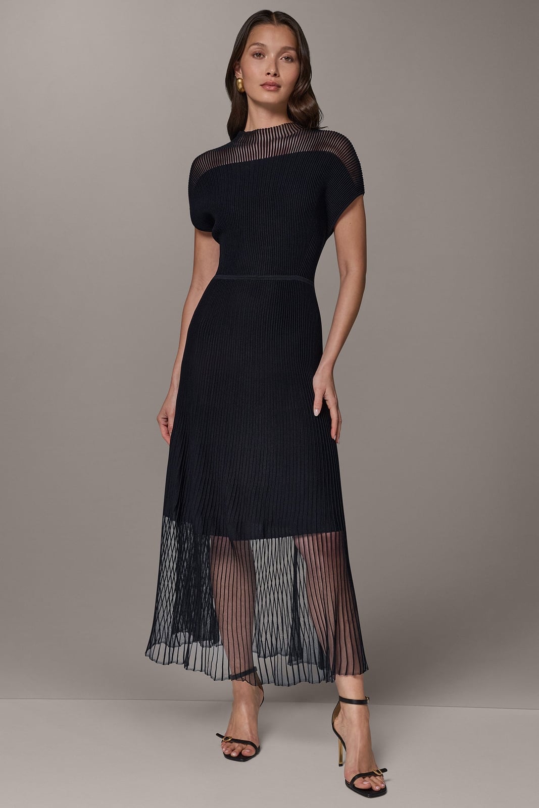 Navy Ribbed Knit Midi Dress with Sheer Striped Paneling Navy Ribbed Knit Midi Dress with Sheer Striped Paneling — Classy Dresses for Moms