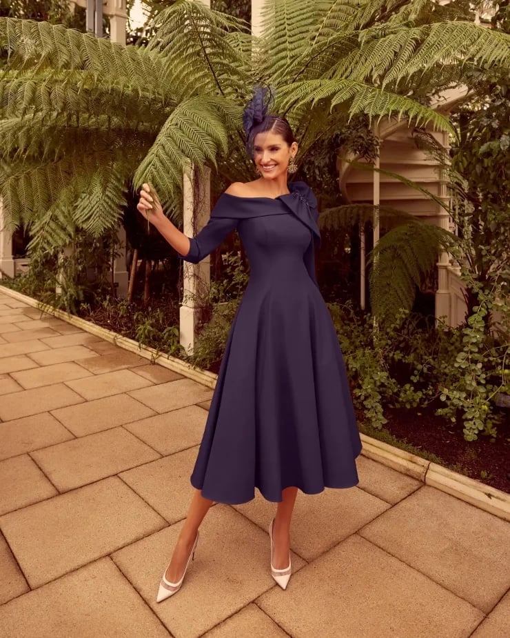 Navy Off-The-Shoulder Midi Dress with Bow Detail Navy Off-The-Shoulder Midi Dress with Bow Detail — Classy Dresses for Moms