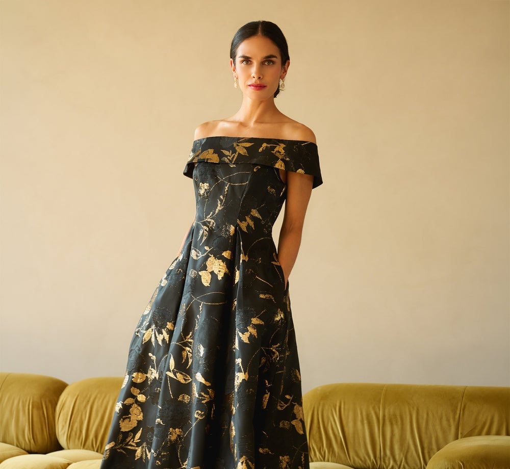 Black Off-The-Shoulder Dress with Gold Floral Brocade Black Off-The-Shoulder Dress with Gold Floral Brocade — Classy Dresses for Moms