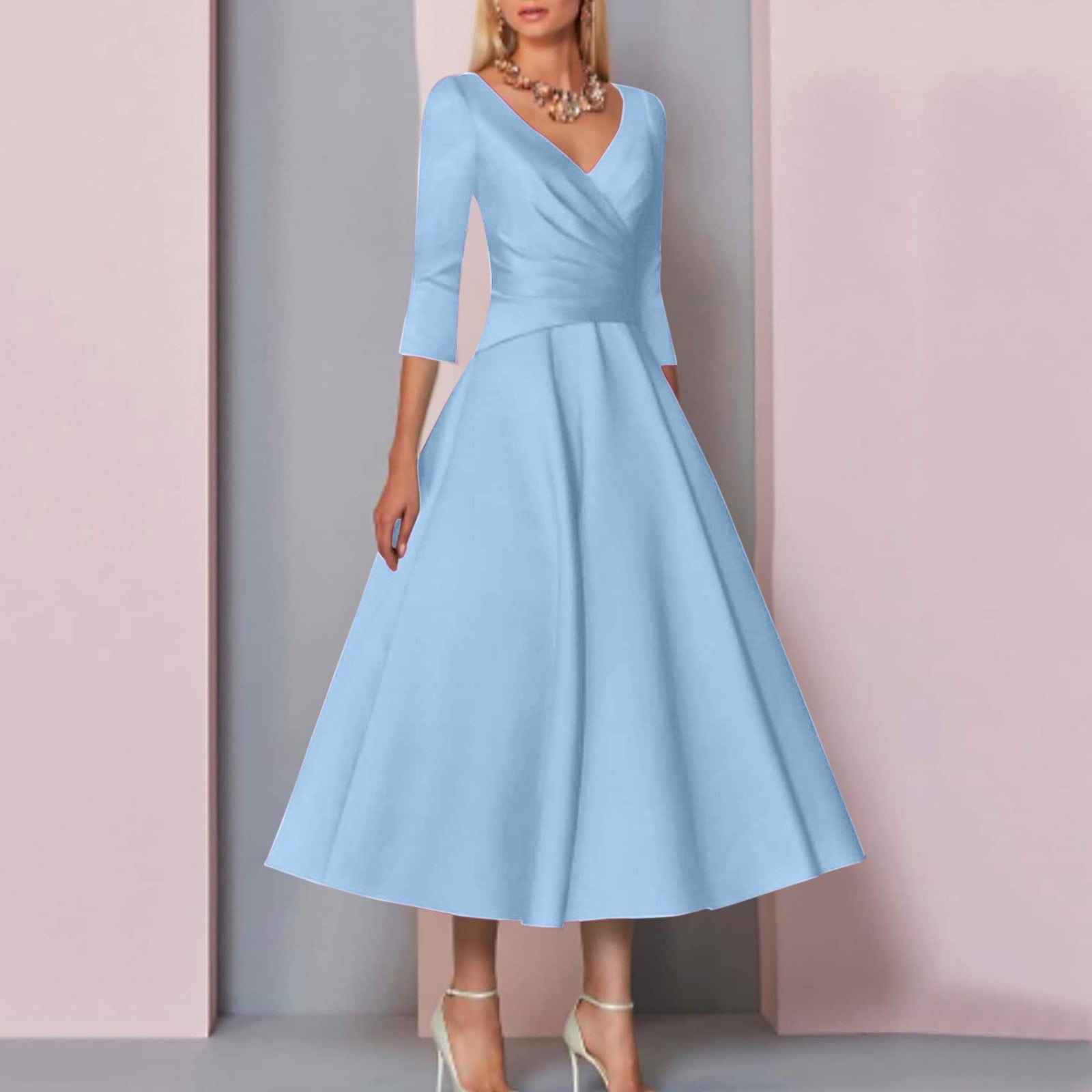 Light Blue Three-Quarter Sleeve Wrap Dress Light Blue Three-Quarter Sleeve Wrap Dress — Classy Dresses for Moms