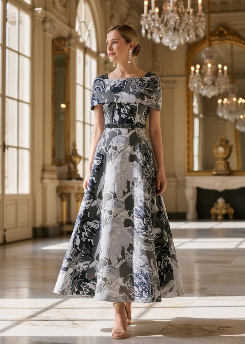 Floral Brocade A-line Dress with Off-The-Shoulder Neckline, Grey Floral Brocade A-line Dress with Off-The-Shoulder Neckline, Grey — Classy Dresses for Moms
