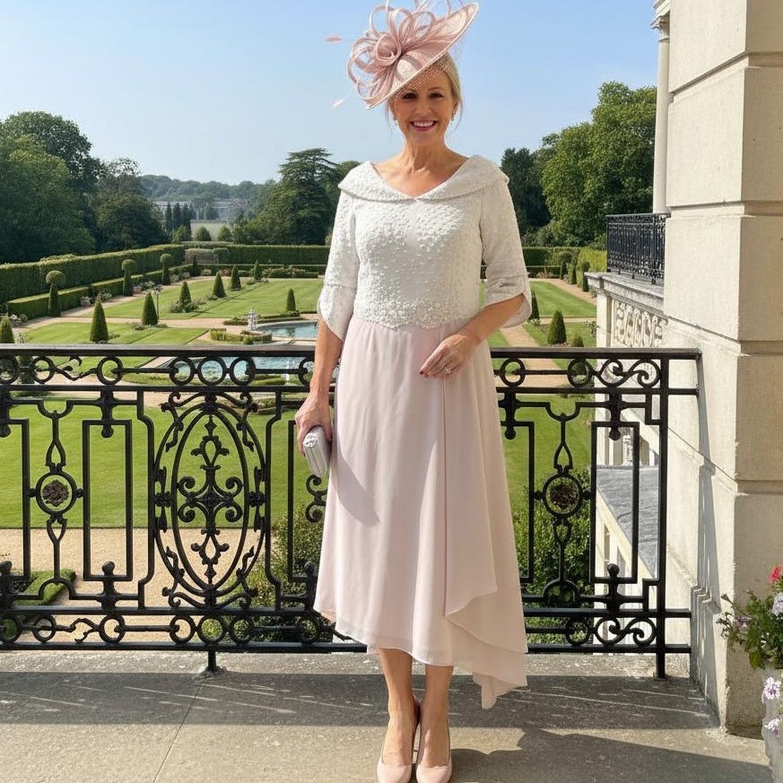 Ivory and Blush Pink Two-Piece Dress with Lace Overlay Ivory and Blush Pink Two-Piece Dress with Lace Overlay — Classy Dresses for Moms