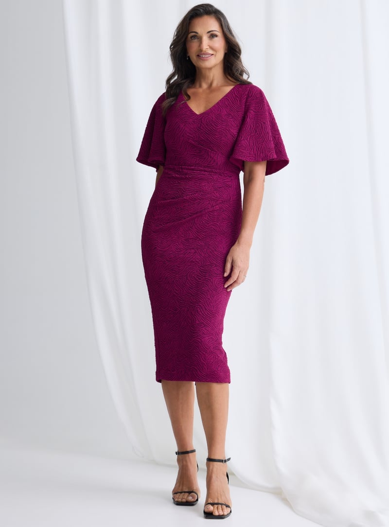 Magenta Textured Pencil Midi Dress with Flutter Sleeves Magenta Textured Pencil Midi Dress with Flutter Sleeves — Classy Dresses for Moms