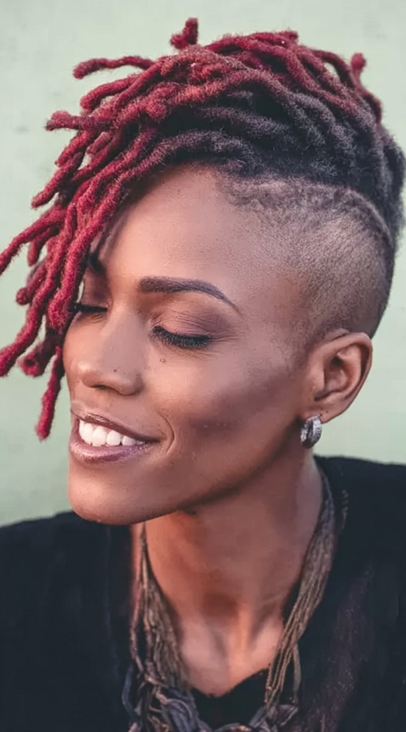 Short Locs With Undercut In Vibrant Red, Close-Up Take — Classy Dyed Locs