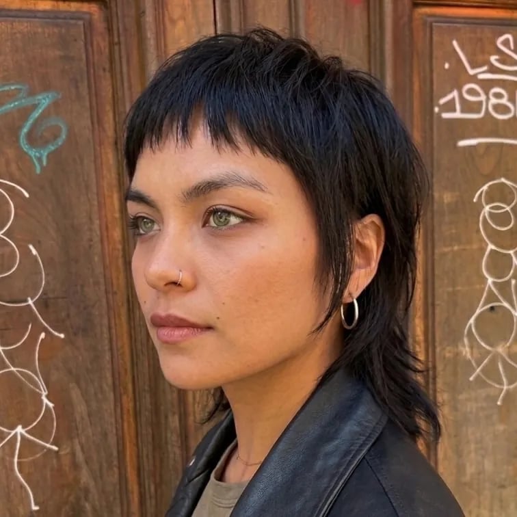 Mid-Back Black Mullet With Micro Bangs Mid-Back Black Mullet With Micro Bangs — Classy Edgy Haircuts