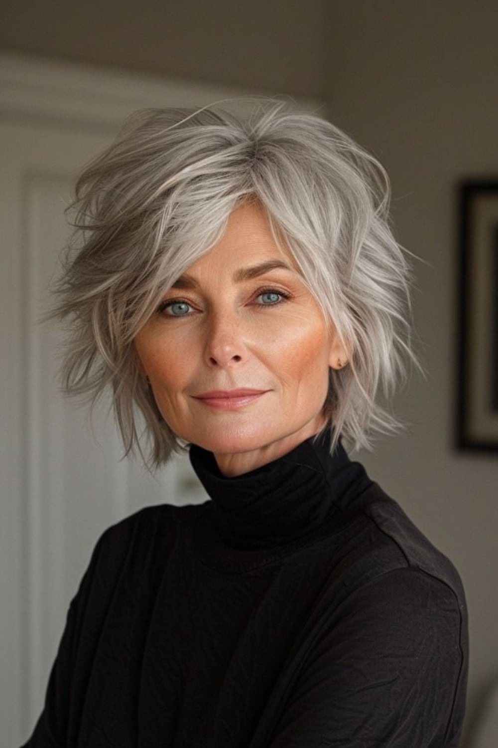 Silver Grey Short Shag With Wispy Bangs Silver Grey Short Shag With Wispy Bangs — Classy Edgy Haircuts