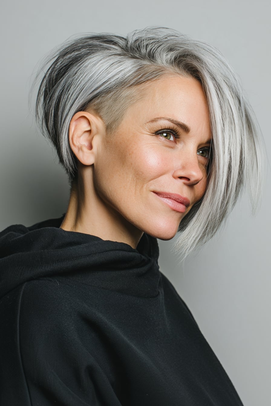 Asymmetrical Bob With Grey Silver Highlights Asymmetrical Bob With Grey Silver Highlights — Classy Edgy Haircuts