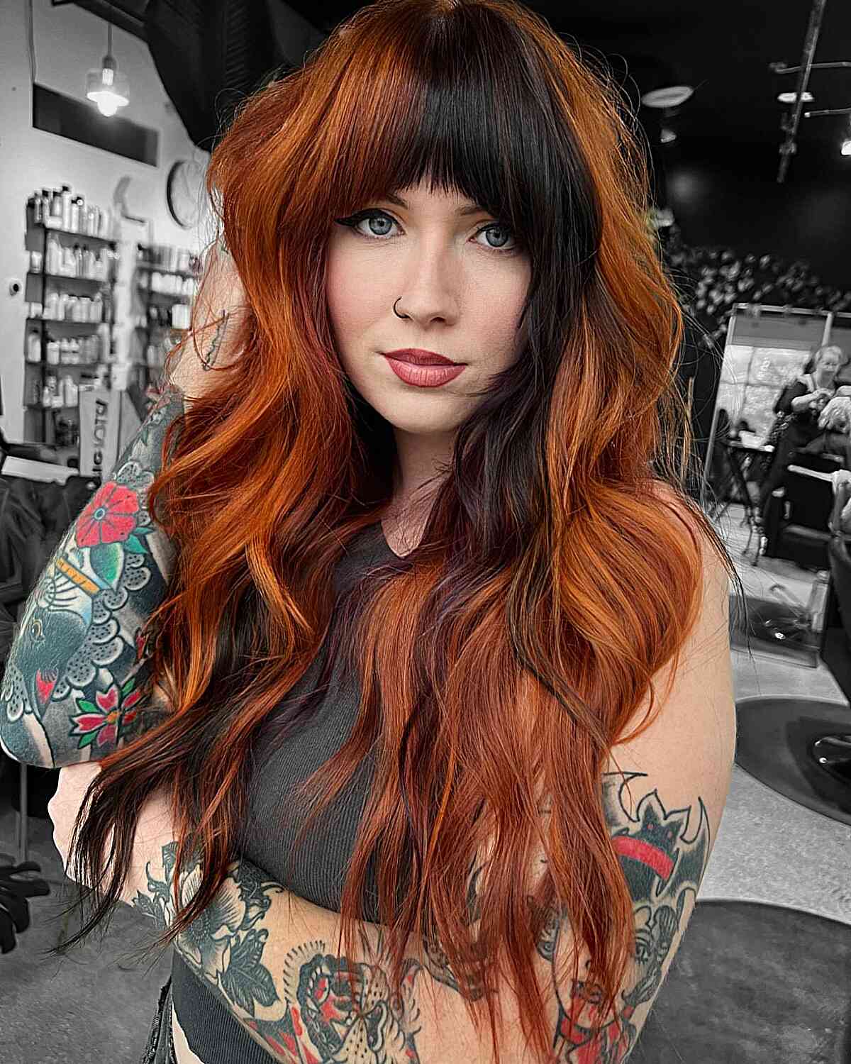 Copper Red Long Layers With Full Bangs Copper Red Long Layers With Full Bangs — Classy Edgy Haircuts