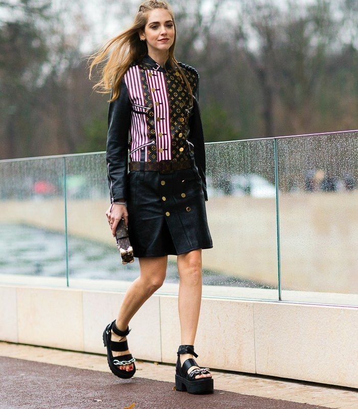 Leather Mini Skirt Mixed Print Jacket Platform Sandals — Classy Edgy Outfits