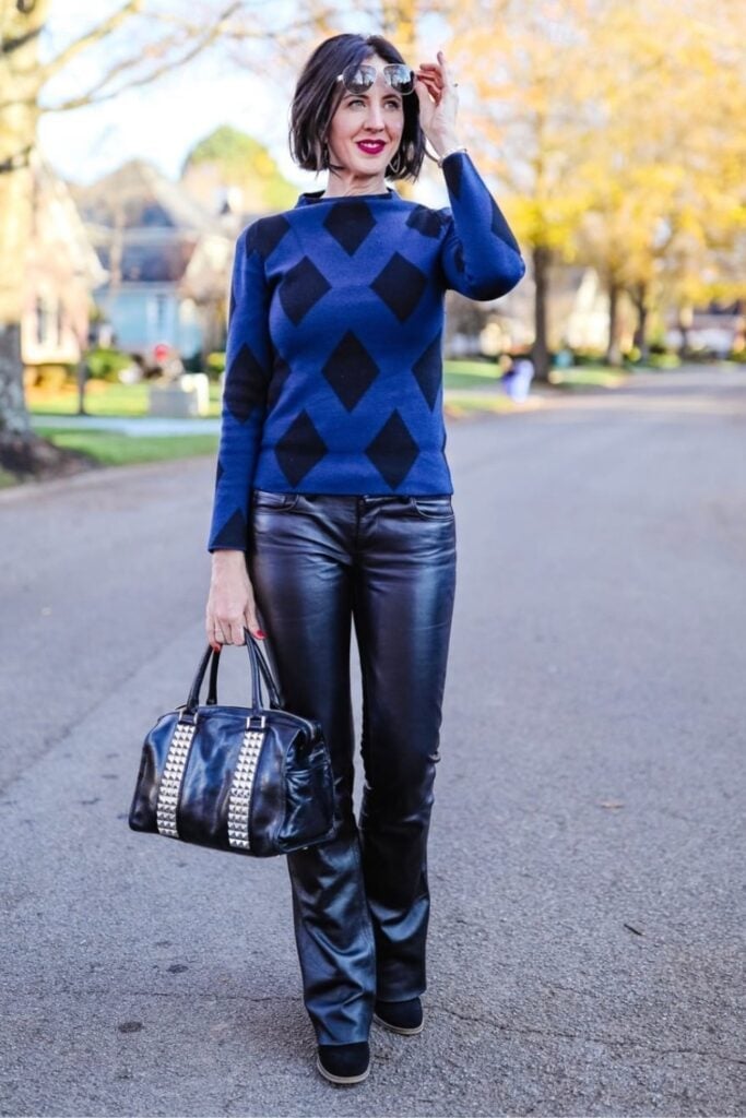 Diamond Pattern Sweater Faux Leather Trousers, Office-Safe Version — Classy Edgy Outfits