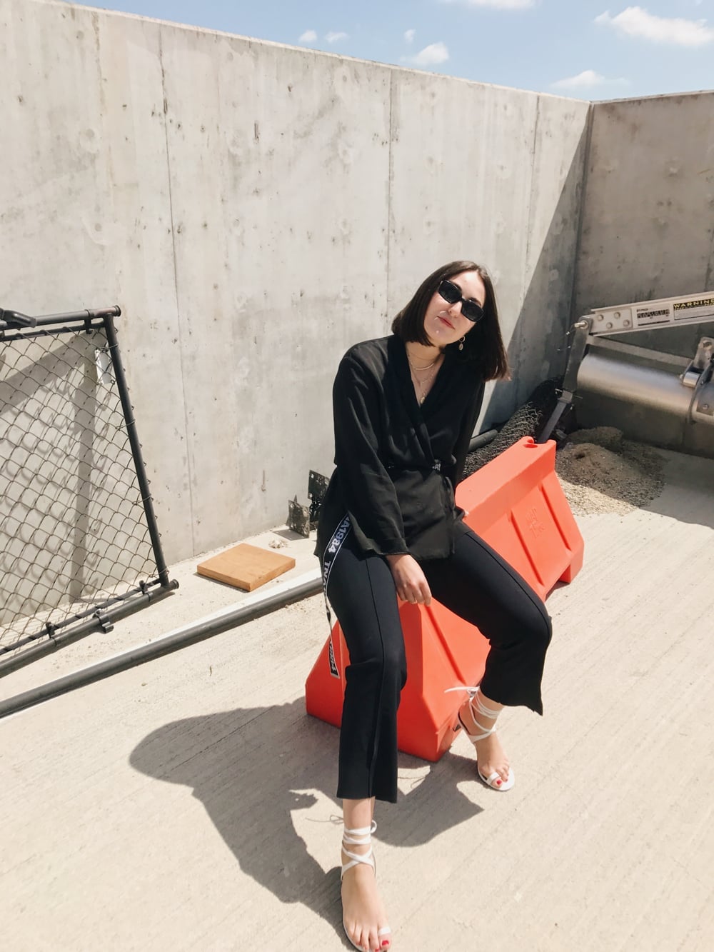 Wrap Blazer Logo Belt Strappy Sandals With Wide Leg Pants — Classy Edgy Outfits