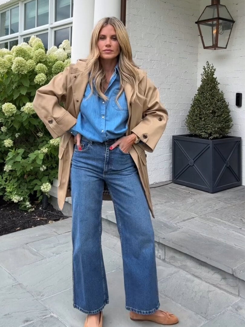 Trench Coat Denim Shirt Wide Leg Jeans — Classy Edgy Outfits