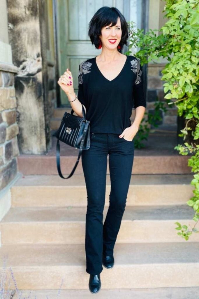 Embellished Shoulder Tee Straight Leg Jeans With Black Ankle Boots — Classy Edgy Outfits