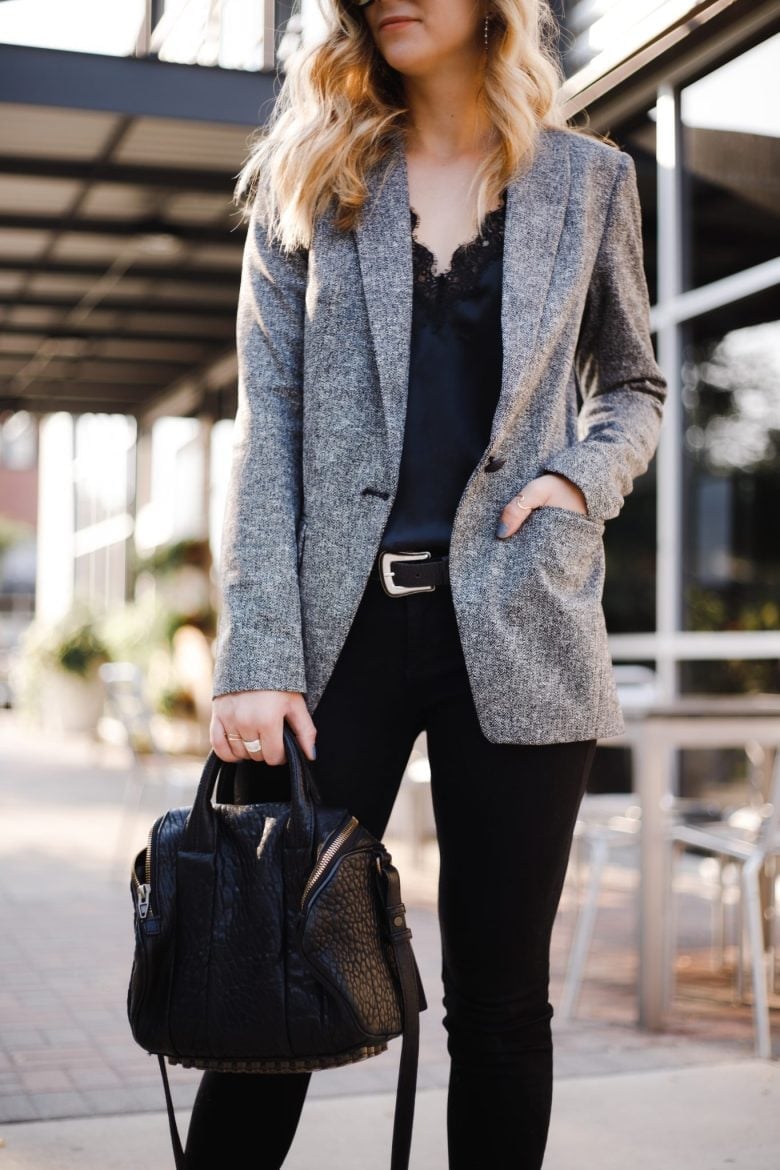 Textured Blazer Lace Camisole Slim Trousers — Classy Edgy Outfits