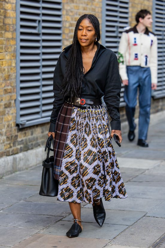 Graphic Print Midi Skirt Button Down Shirt — Classy Edgy Outfits