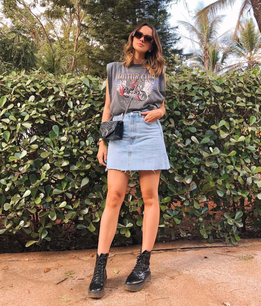 Graphic Tee Denim Mini Skirt Combat Boots — Classy Edgy Outfits