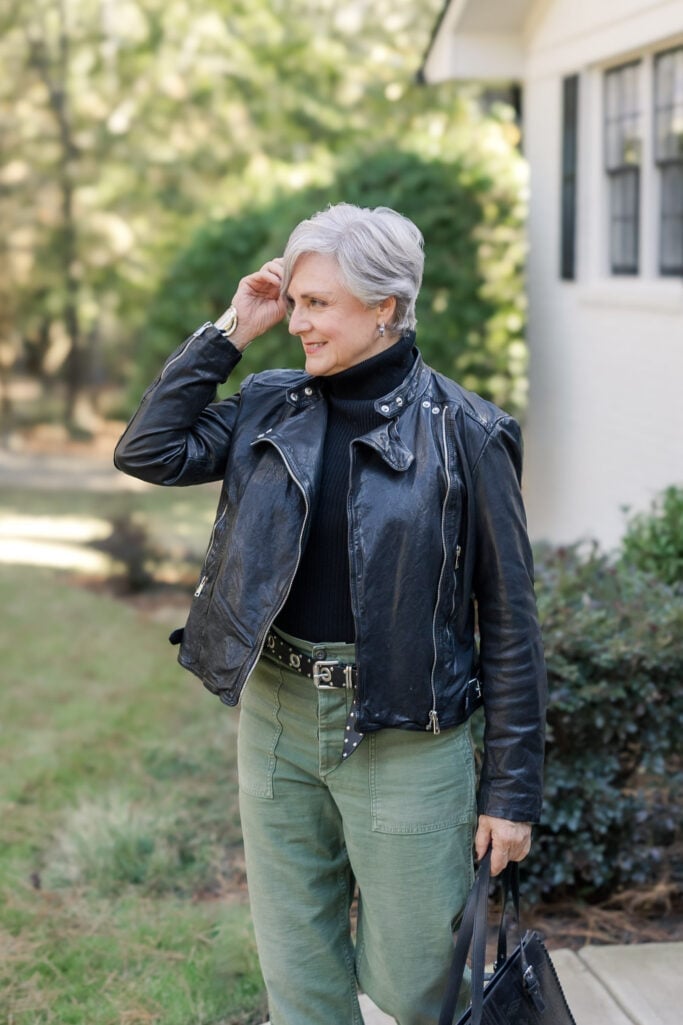 Leather Moto Jacket Olive Pants Studded Belt — Classy Edgy Outfits