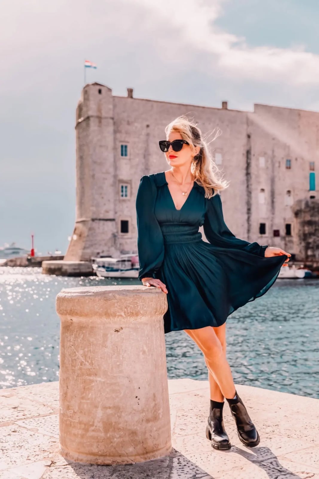 Dark Teal Fit and Flare Dress Evening Style With Black Ankle Boots — Classy Edgy Outfits
