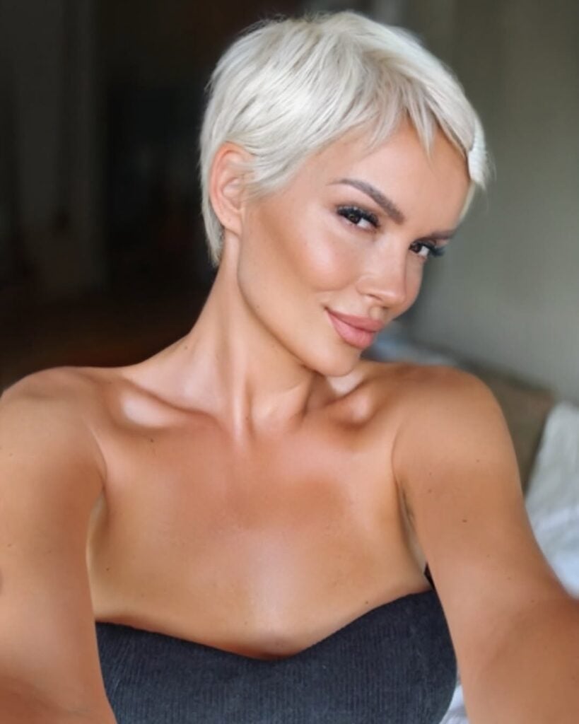 Platinum Blonde Pixie With Sleek Side Bangs — Classy Edgy Pixie