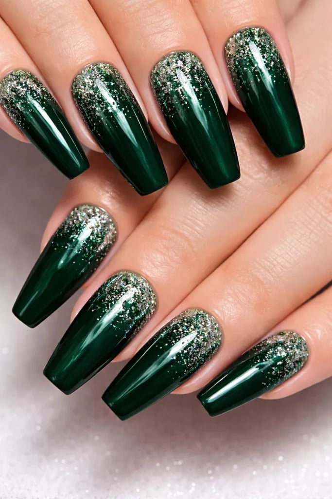 Long Emerald Coffin Nails With Silver Glitter Ombre Long Emerald Coffin Nails With Silver Glitter Ombre — Classy Emerald Green Nails