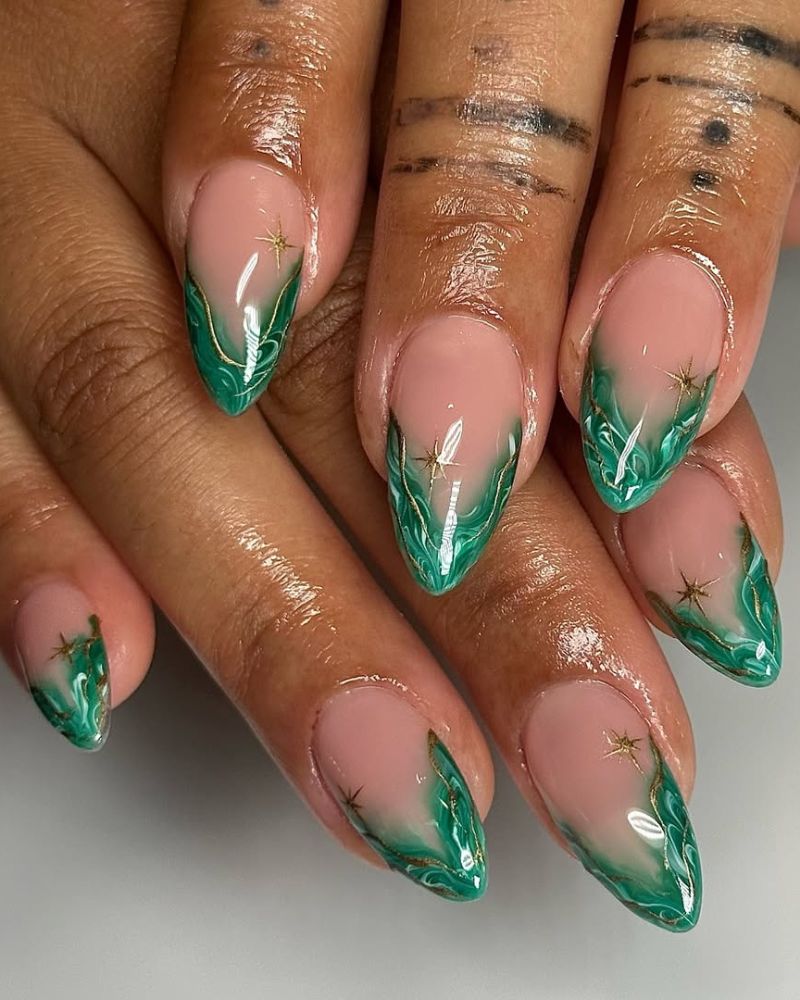 Emerald Marble French Tips With Gold Accents Almond Nails Emerald Marble French Tips With Gold Accents Almond Nails — Classy Emerald Green Nails