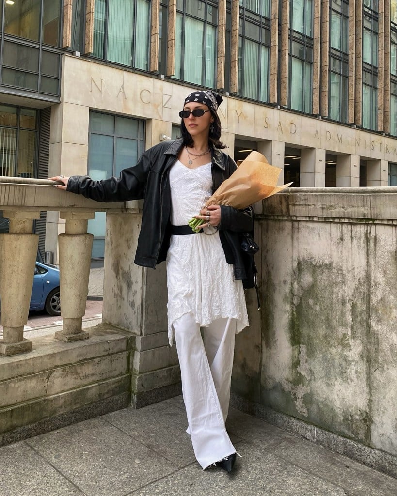 Leather Jacket Over Slip Dress And Wide Pants Leather Jacket Over Slip Dress And Wide Pants — Classy Errands Outfits