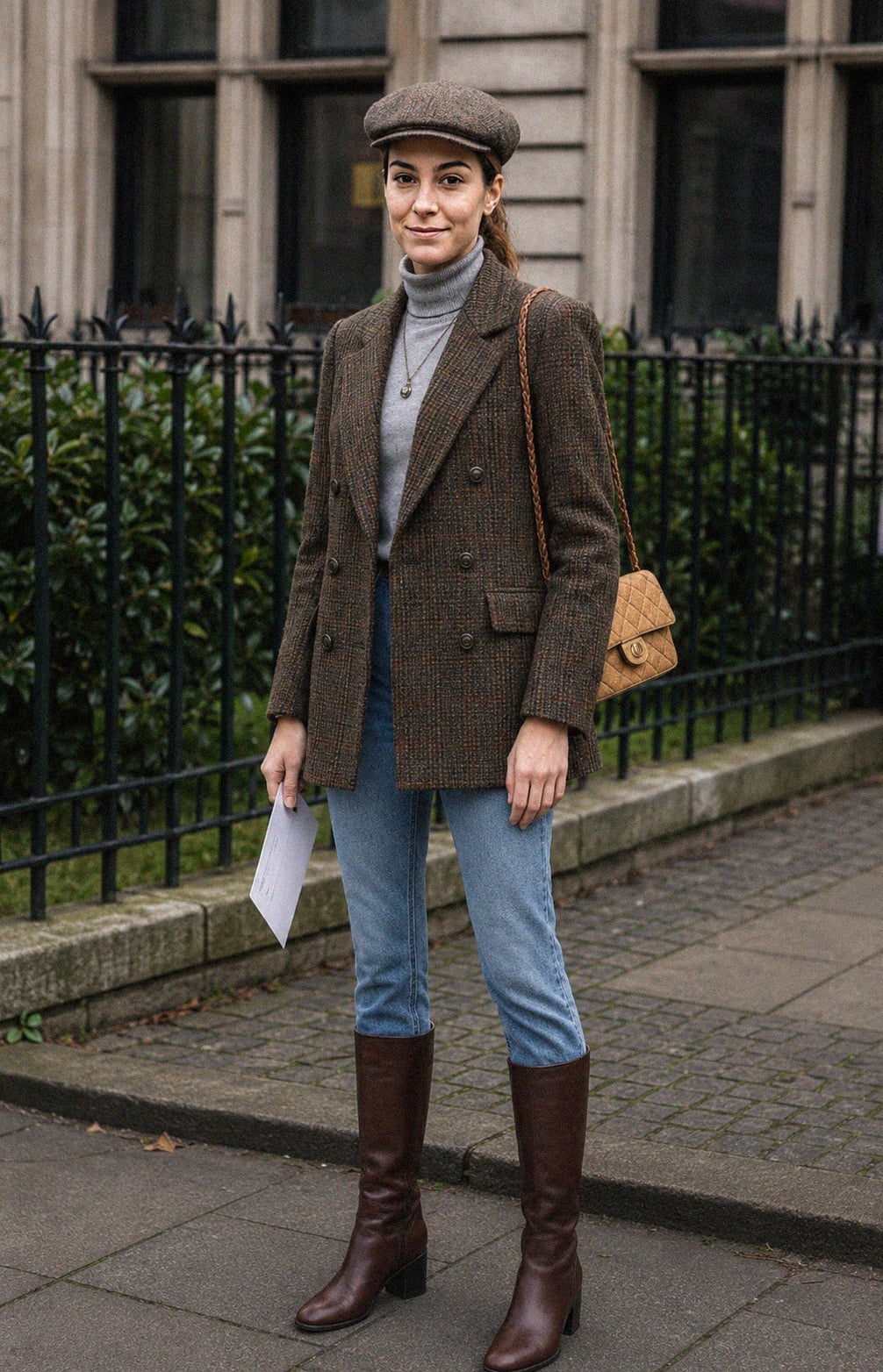 Tweed Blazer With Straight Leg Jeans and Brown Knee-High Boots Tweed Blazer With Straight Leg Jeans and Brown Knee-High Boots — Classy Errands Outfits