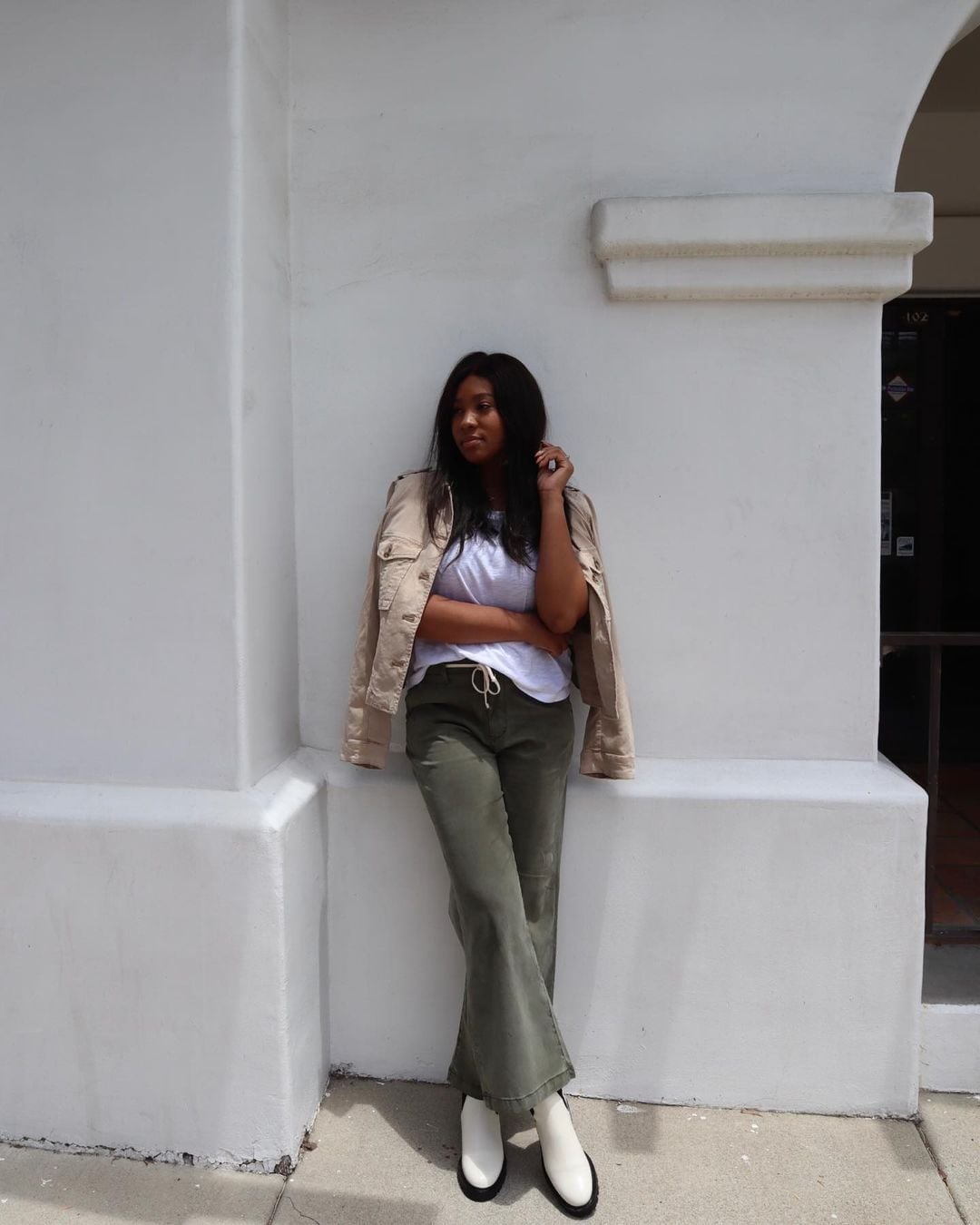 Flared Trousers With Utility Jacket Flared Trousers With Utility Jacket — Classy Errands Outfits