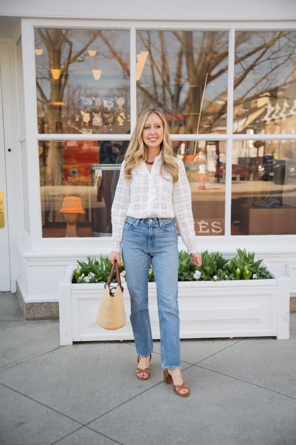 Eyelet Blouse With Straight Leg Jeans Eyelet Blouse With Straight Leg Jeans — Classy Errands Outfits