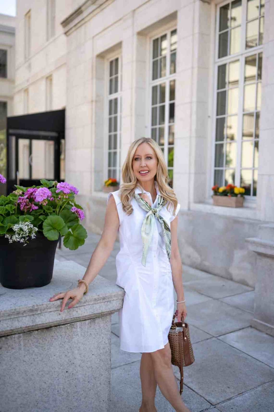 White Shirt Dress With Printed Scarf White Shirt Dress With Printed Scarf — Classy Errands Outfits