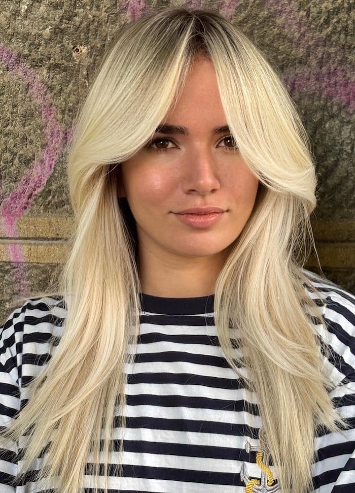 Fine Icy Butter Blonde Collarbone Lob With Curtain Bangs Fine Icy Butter Blonde Collarbone Lob With Curtain Bangs — Classy Face Framing Layers