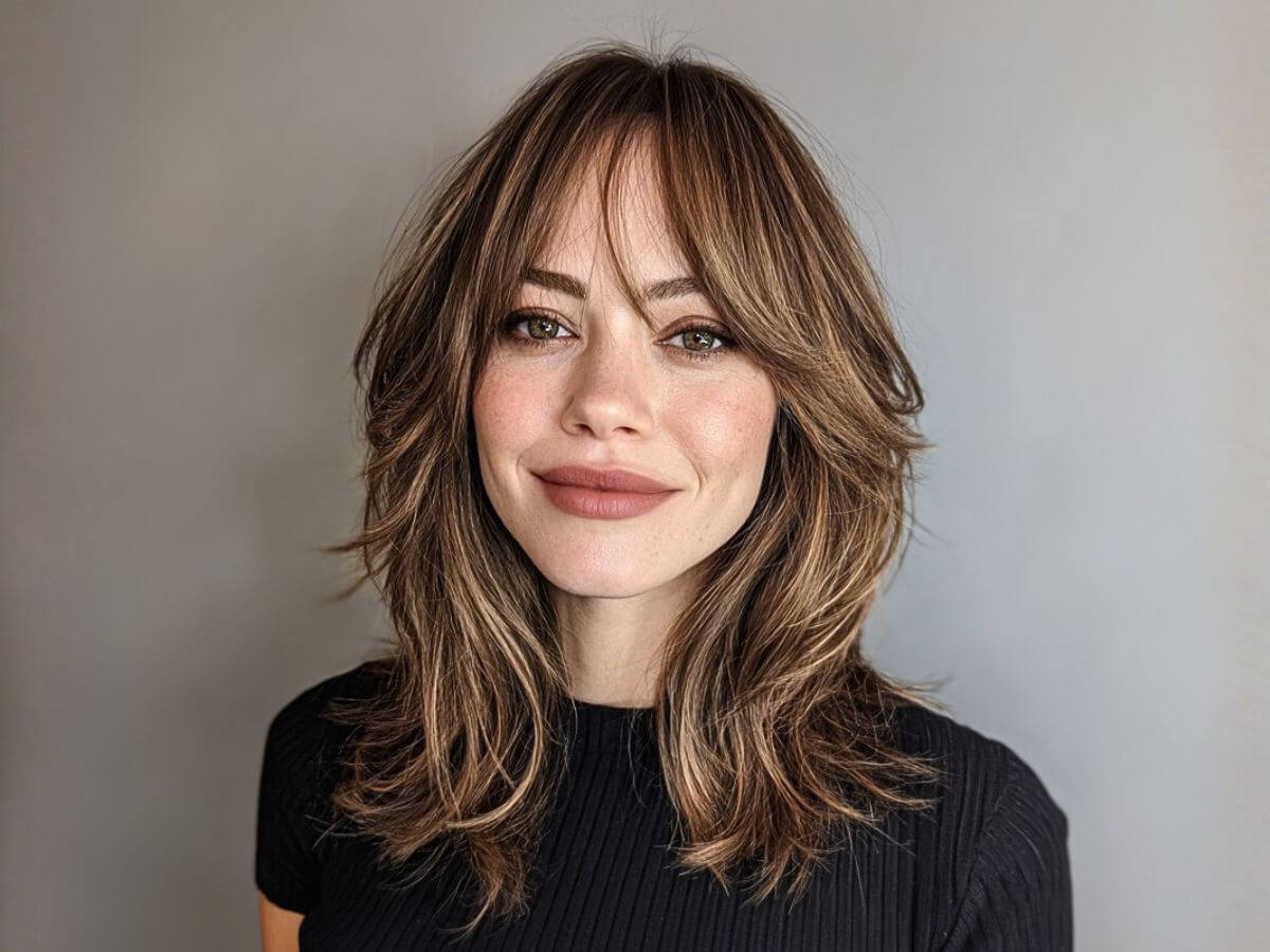 Medium Brown Shoulder Shag With Curtain Bangs Medium Brown Shoulder Shag With Curtain Bangs — Classy Face Framing Layers